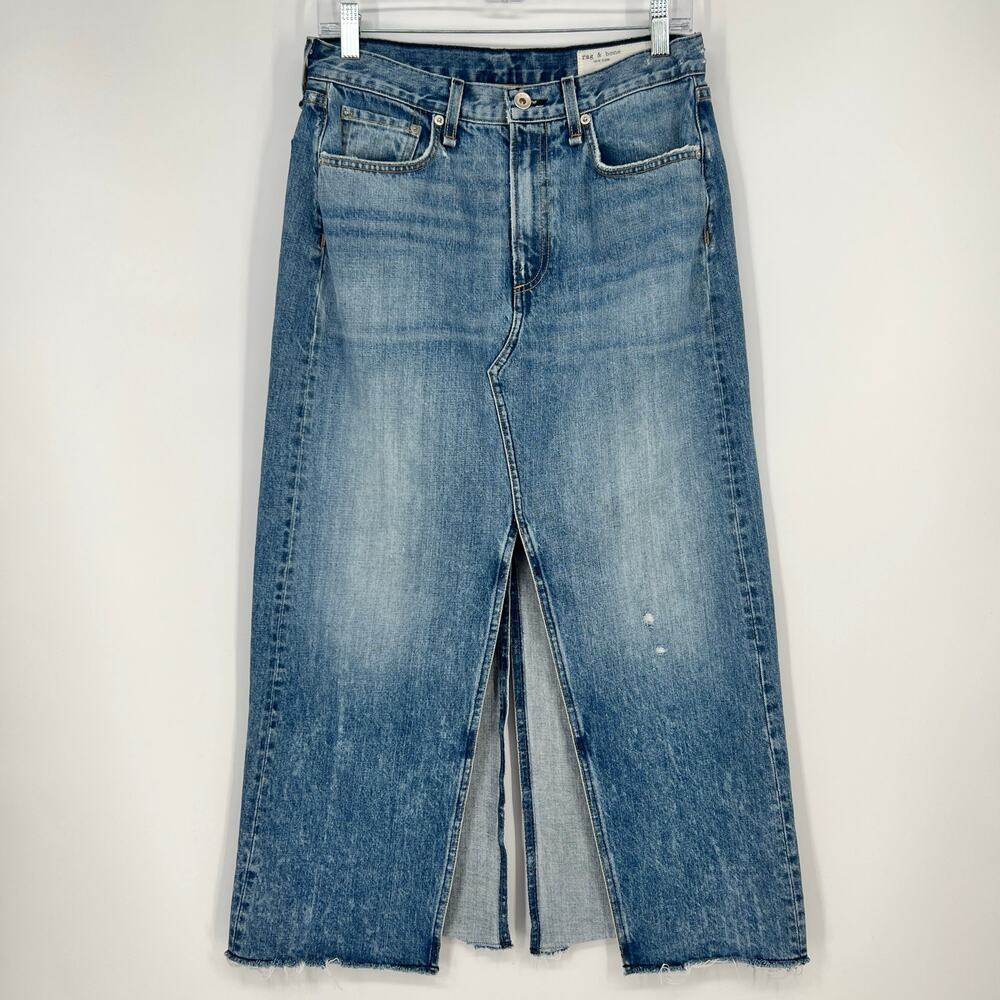 Rag & Bone Clyde Denim Midi Skirt Women 27 Distressed 100% Cotton Frayed Hem USA